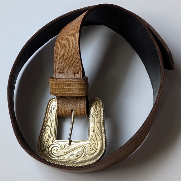 Vintage western style bonded leather belt goldtone buckle sz S/M - Picture 3 of 6